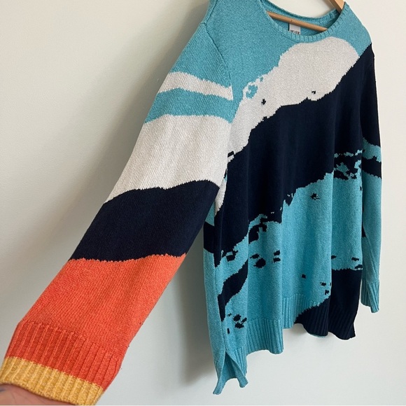 NIC+ZOE Blue and Orange Crew Neck Sweater with Artistic Design - Picture 5 of 12